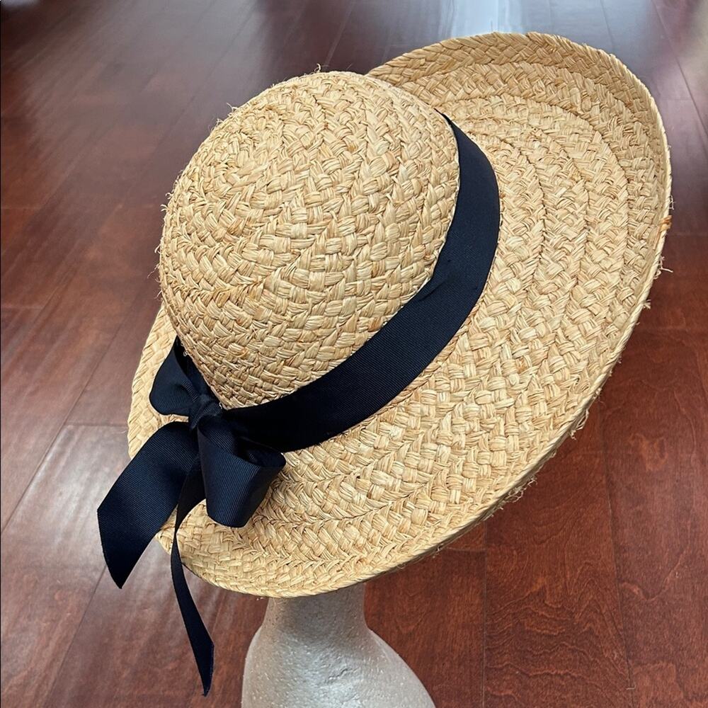 American Hat Company 100% Natural Straw Hat with Navy Ribbon Bow - Picture 2 of 16